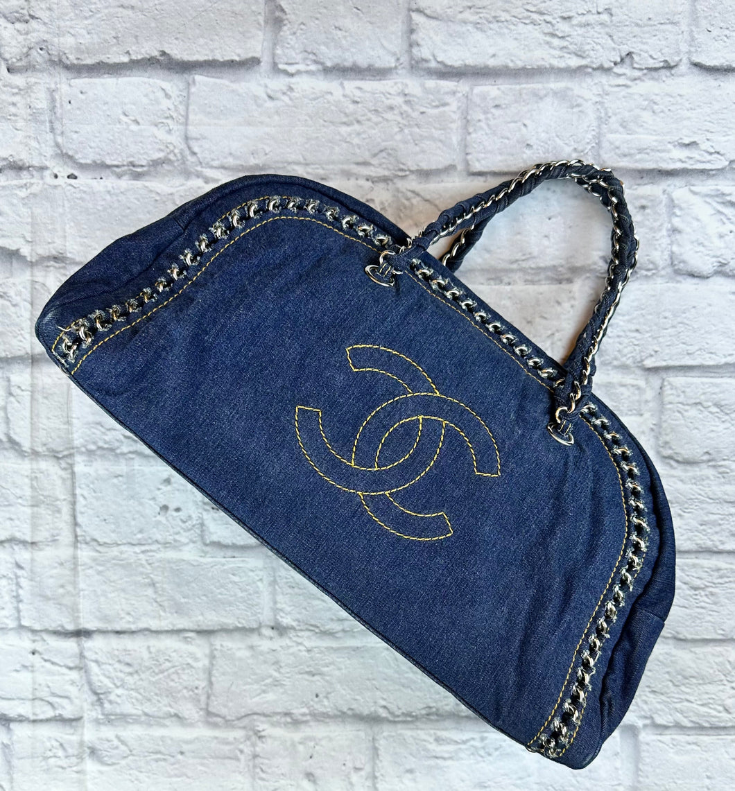Chanel Timeless Denim Chain Trim Bowler Bag