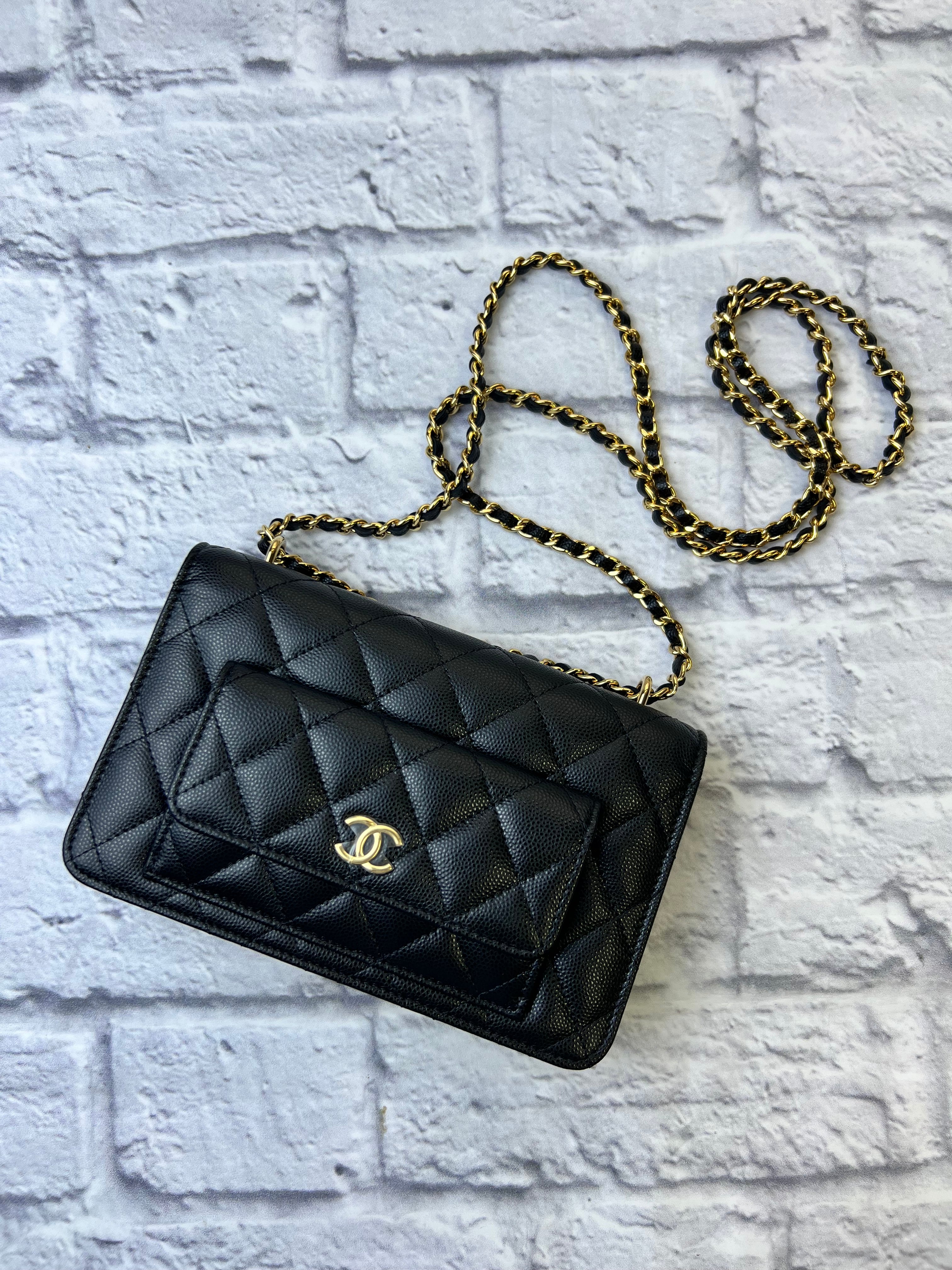 Chanel Black Caviar Front Patch Pocket Wallet on a Chain The