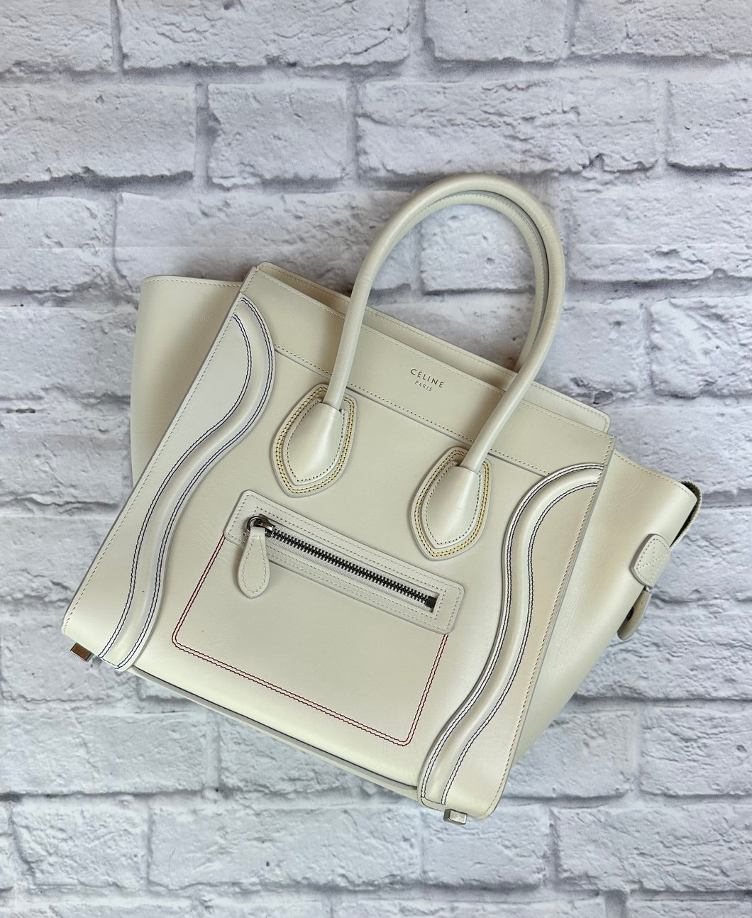 Celine Ivory Micro Luggage Tote with Multi Color Stitching