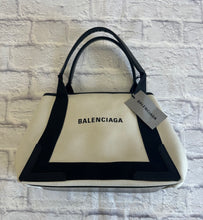 Load image into Gallery viewer, Balenciaga Navy Small Cabas Off-White Cotton Canvas &amp; Black Calfskin
