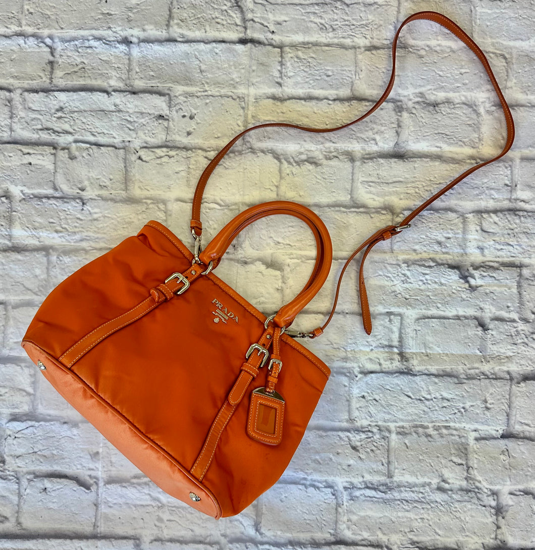 Prada Orange Nylon Top Handle Tote with Crossbody Strap