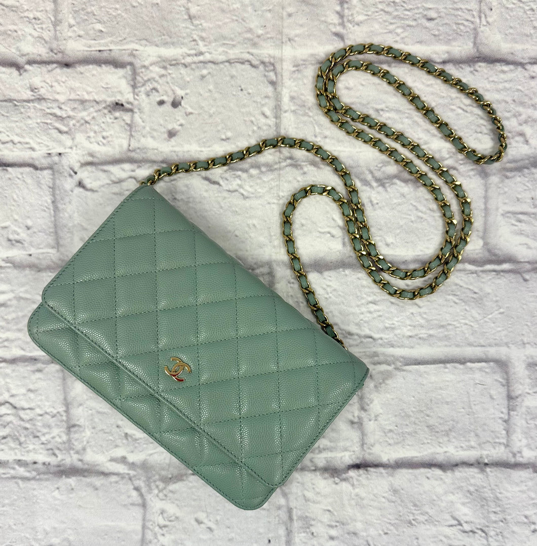 Chanel Pale Green Quilted Wallet On Chain