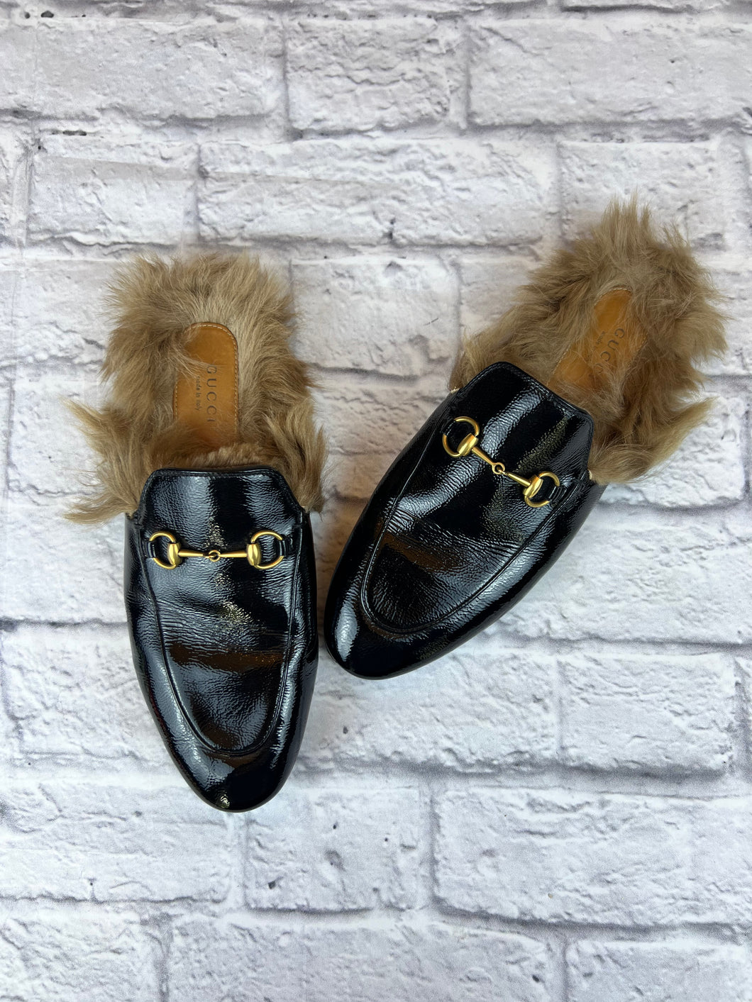 Gucci Black Patent Princetown Fur Slide Loafers, Size 39