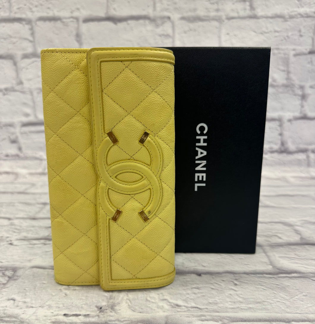 Chanel Yellow Caviar Filigree CC Flap Wallet