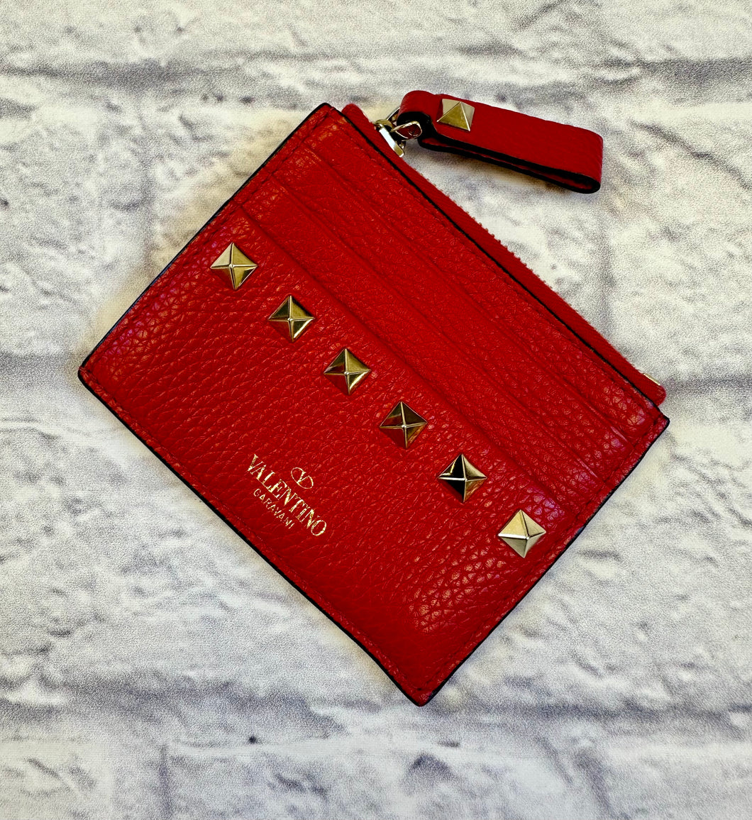 Valentino Rockstud Calfskin Cardholder With Zipper