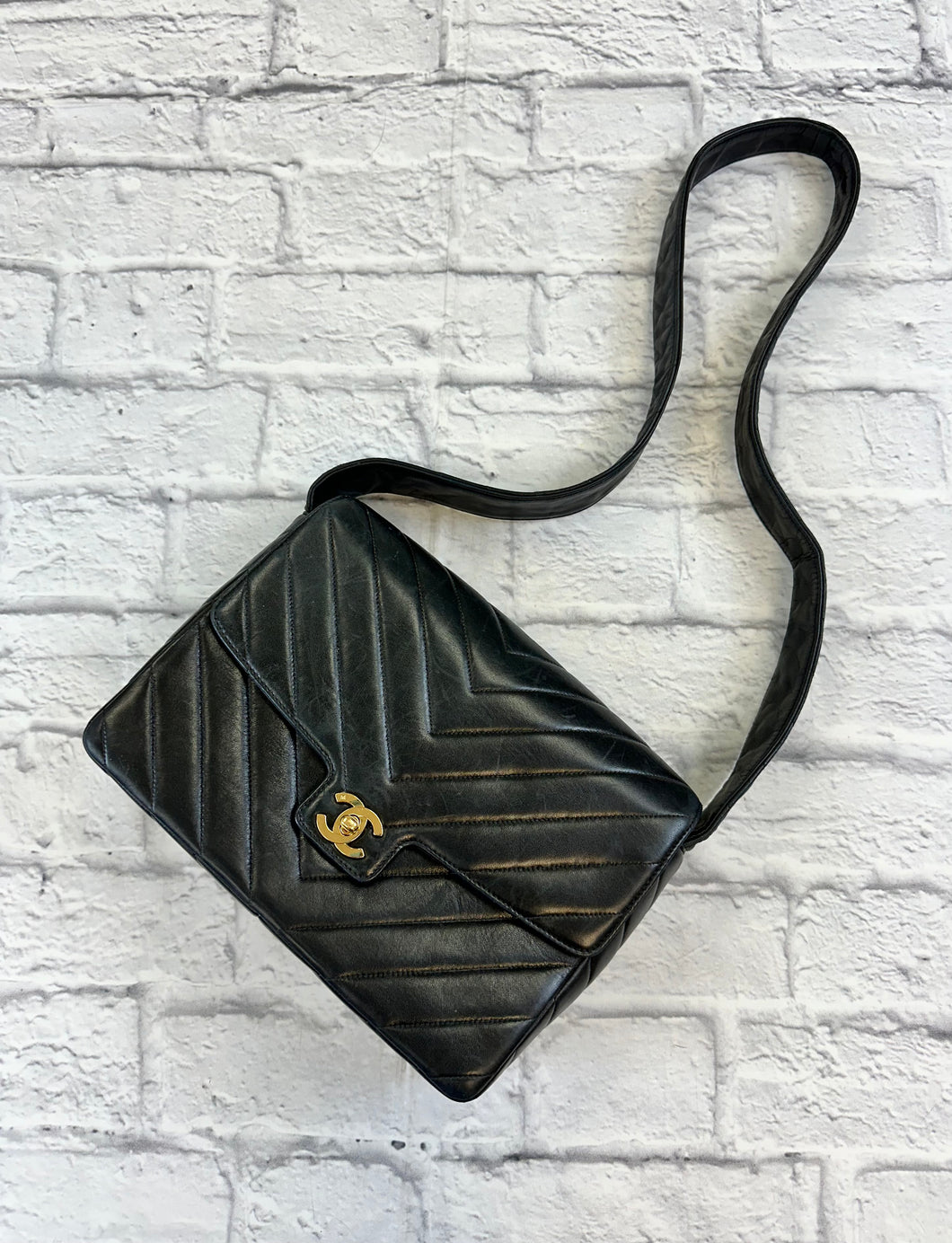 Chanel Black Chevron Quilted Vintage Shoulder Bag
