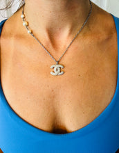 Load image into Gallery viewer, Chanel Crystal and Pearl Logo Silver Necklace

