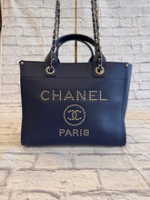 Load image into Gallery viewer, Chanel Navy Caviar Leather Small Deauville with Studded Logo
