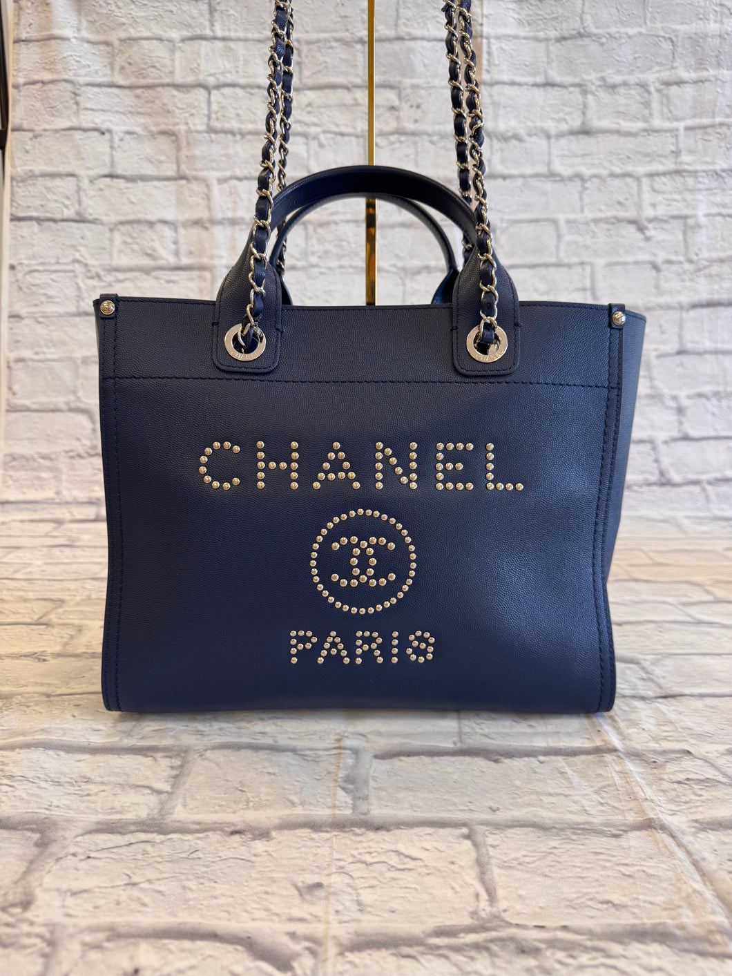 Chanel Navy Caviar Leather Small Deauville with Studded Logo