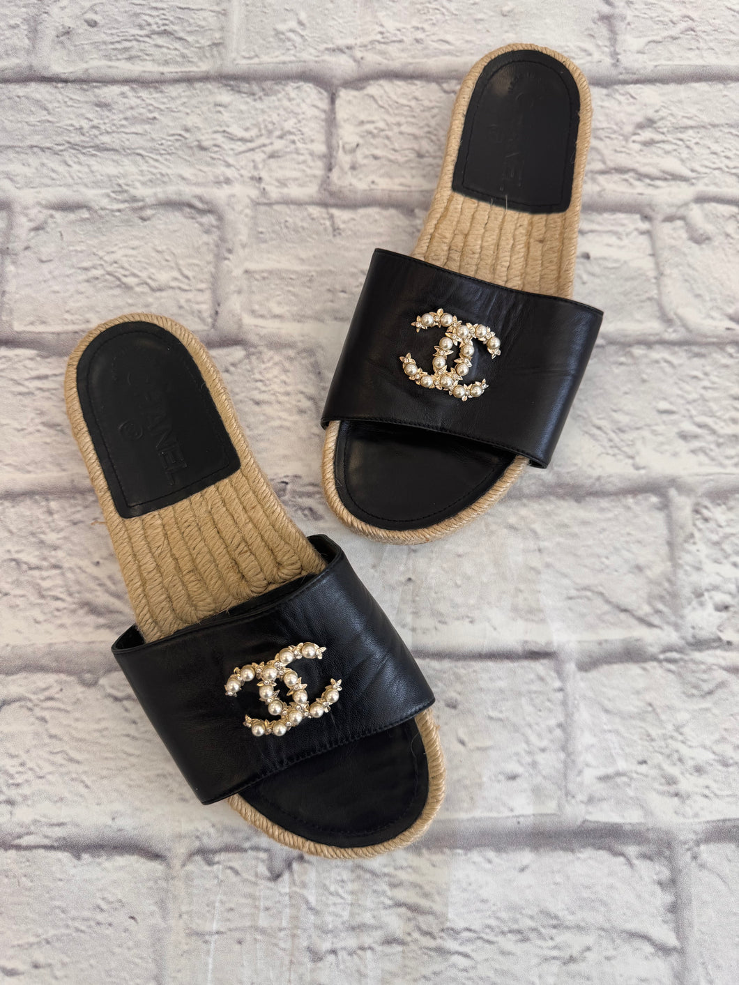 Chanel Black Pearl Espadrille CC Slides, Size 36