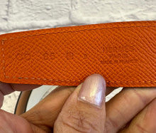 Load image into Gallery viewer, Hermes H Silver Belt Buckle with Reversible Orange and White Leather Belt Size 85
