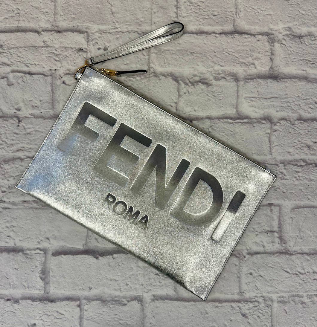 Fendi Roma Flat Silver Clutch