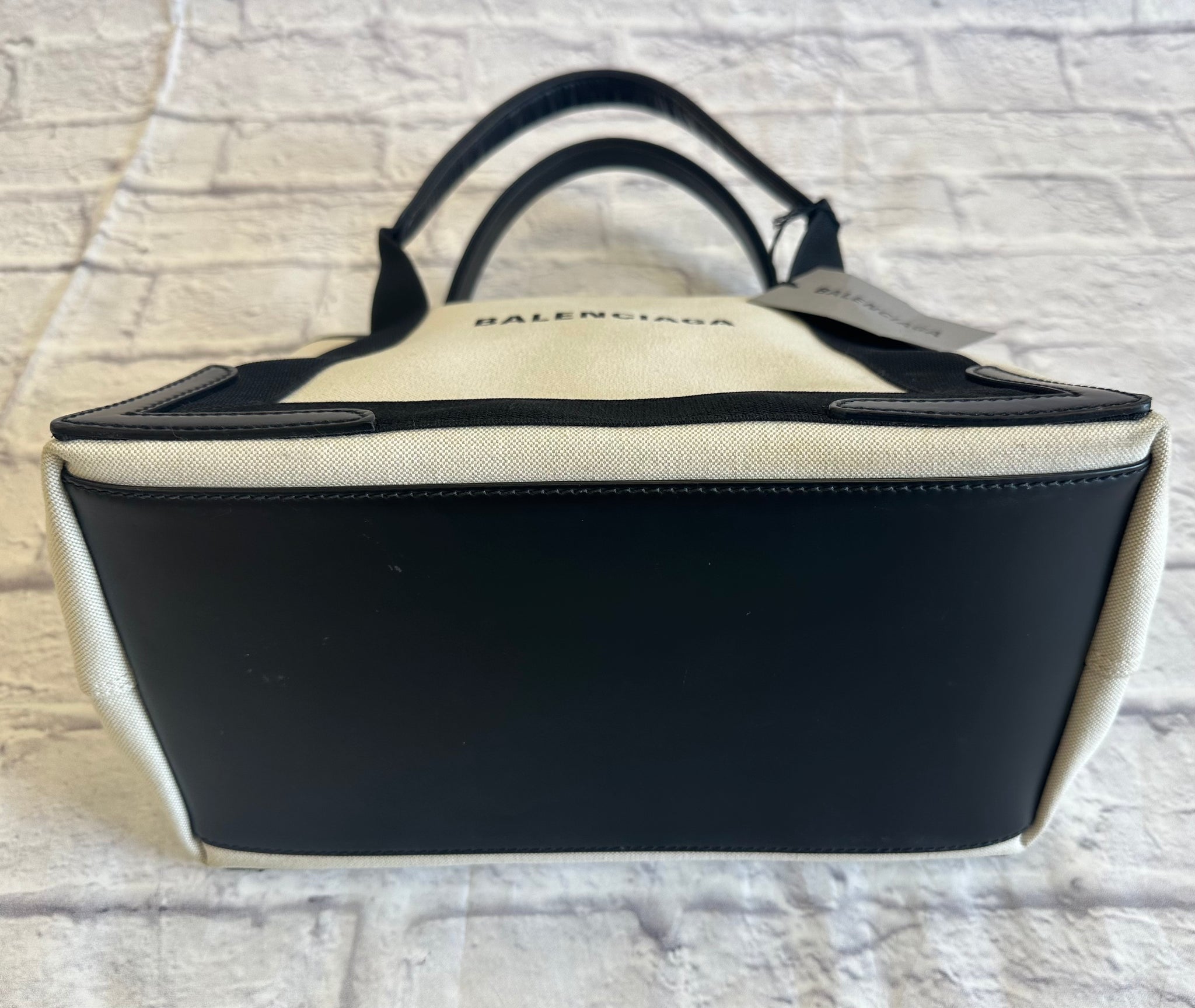 Balenciaga Navy Small Cabas Off-White Cotton Canvas & Black