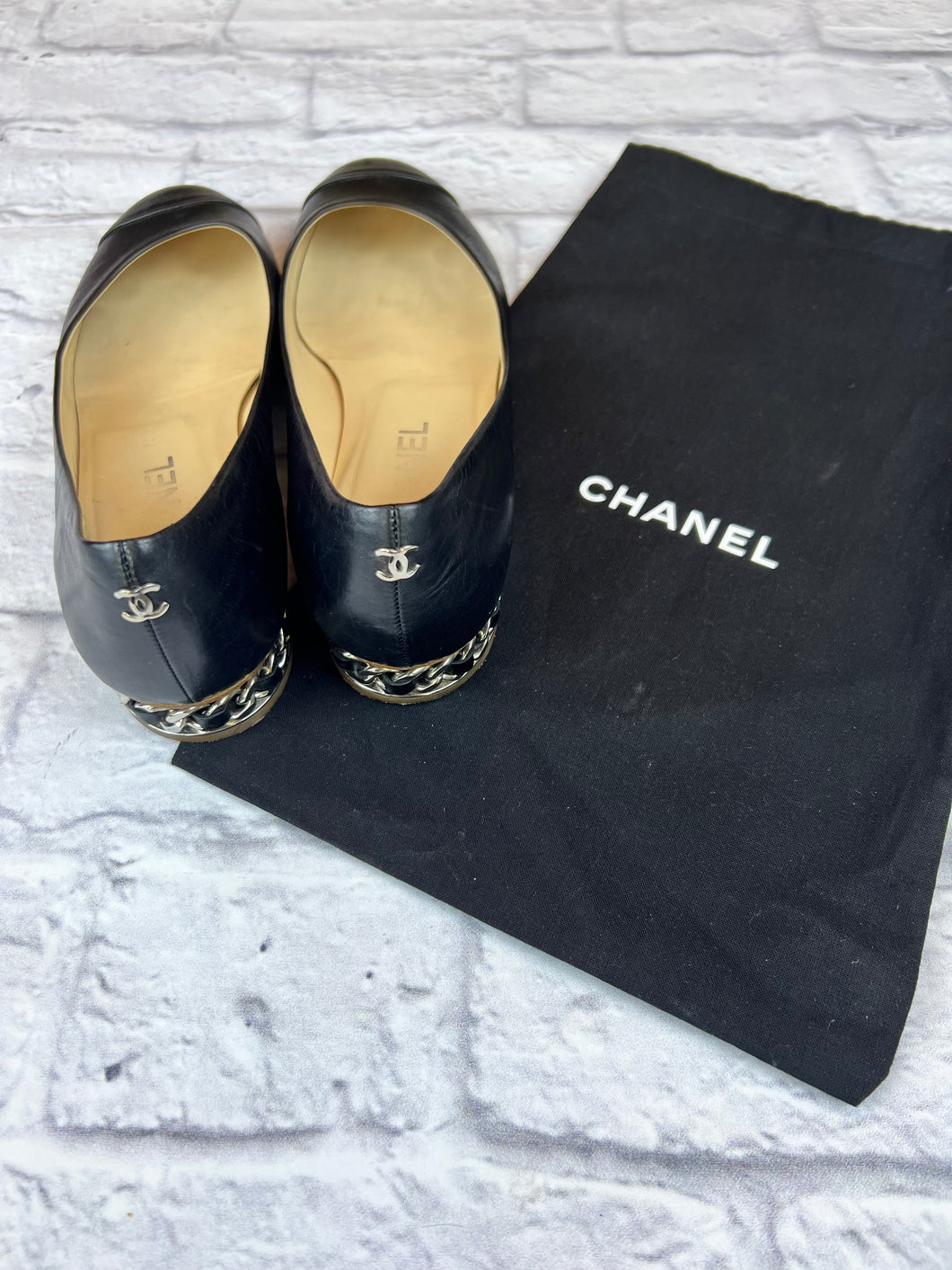 Chanel Black Chain Heel Ballet Flats, Size 38