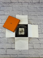 Load image into Gallery viewer, Hermes H Silver Belt Buckle with Reversible Orange and White Leather Belt Size 85
