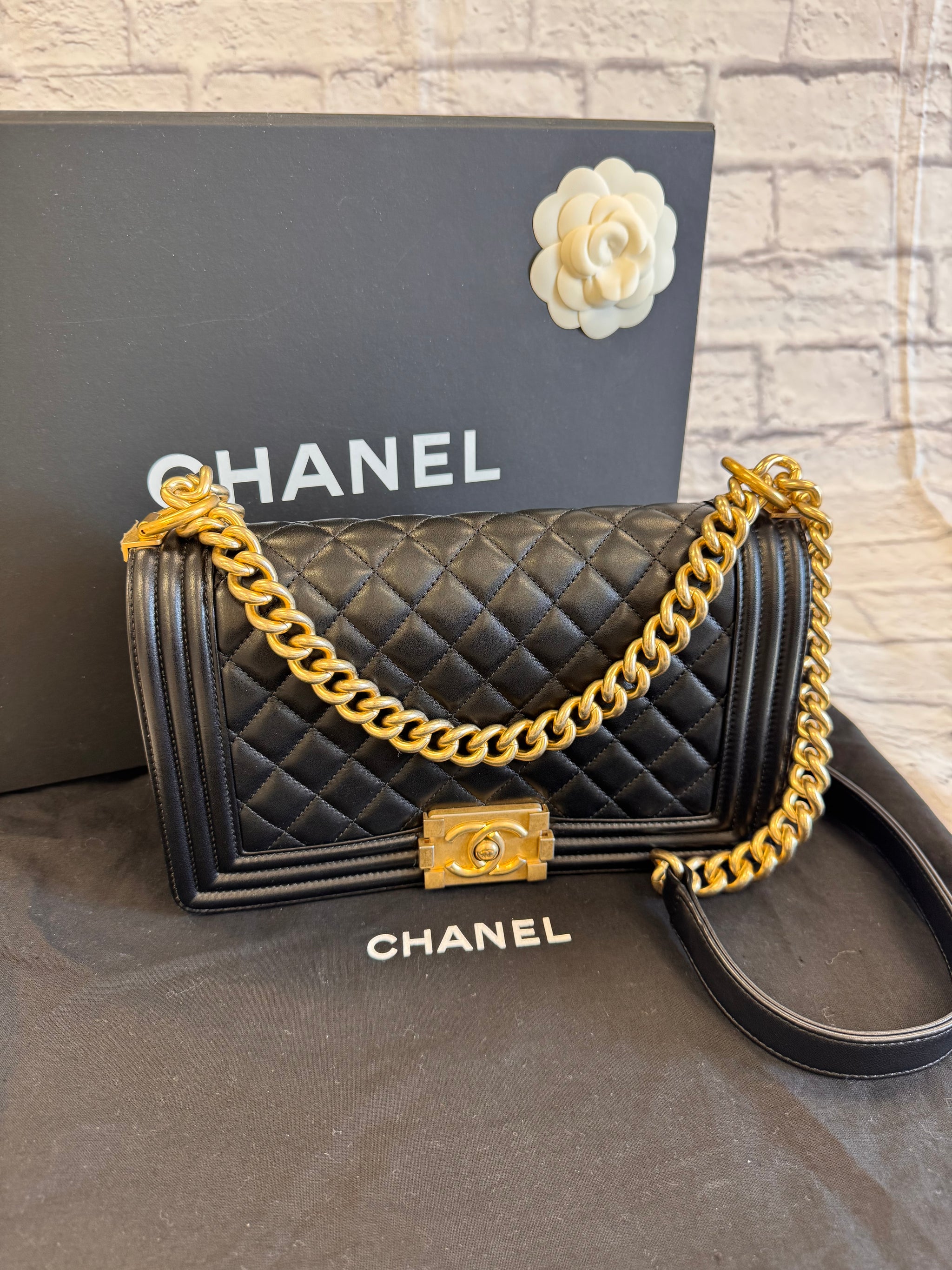 Chanel Medium Boy Bag; Black with Brushed Gold Hardware – The