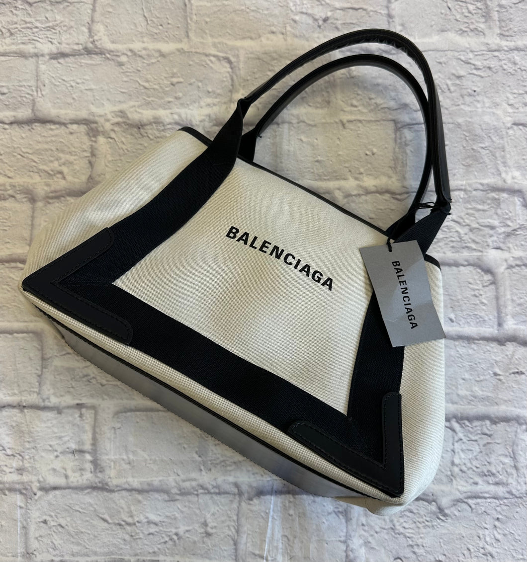 Balenciaga Navy Small Cabas Off-White Cotton Canvas & Black Calfskin