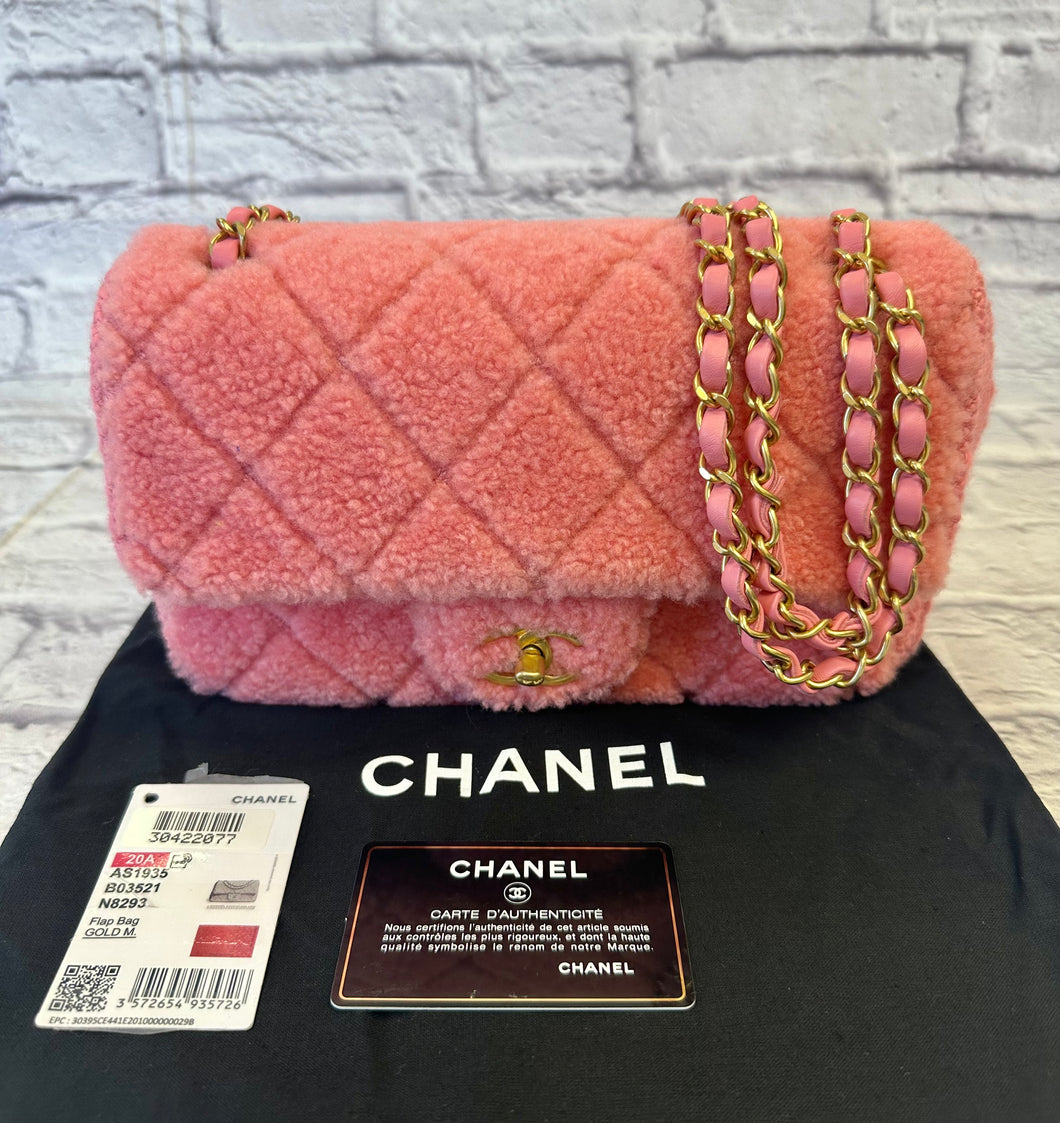 Chanel Pink Quilted Shearling and Tweed Medium Flap Bag
