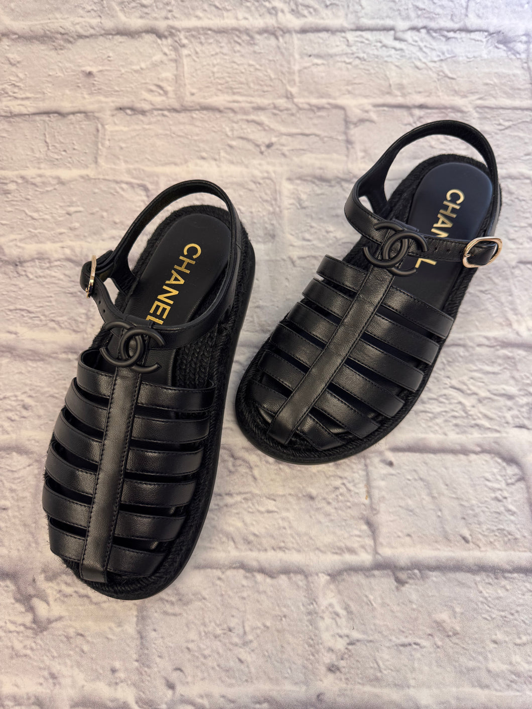 Chanel Black Interlocking CC Logo Espadrille Sandals, NEW Size 36