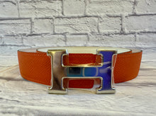 Load image into Gallery viewer, Hermes H Silver Belt Buckle with Reversible Orange and White Leather Belt Size 85
