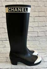 Load image into Gallery viewer, Chanel Black &amp; White Rain Boots Size 37
