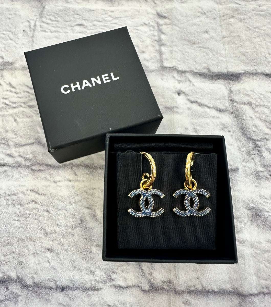 Chanel CC Blue Denim Enamel Drop Earrings