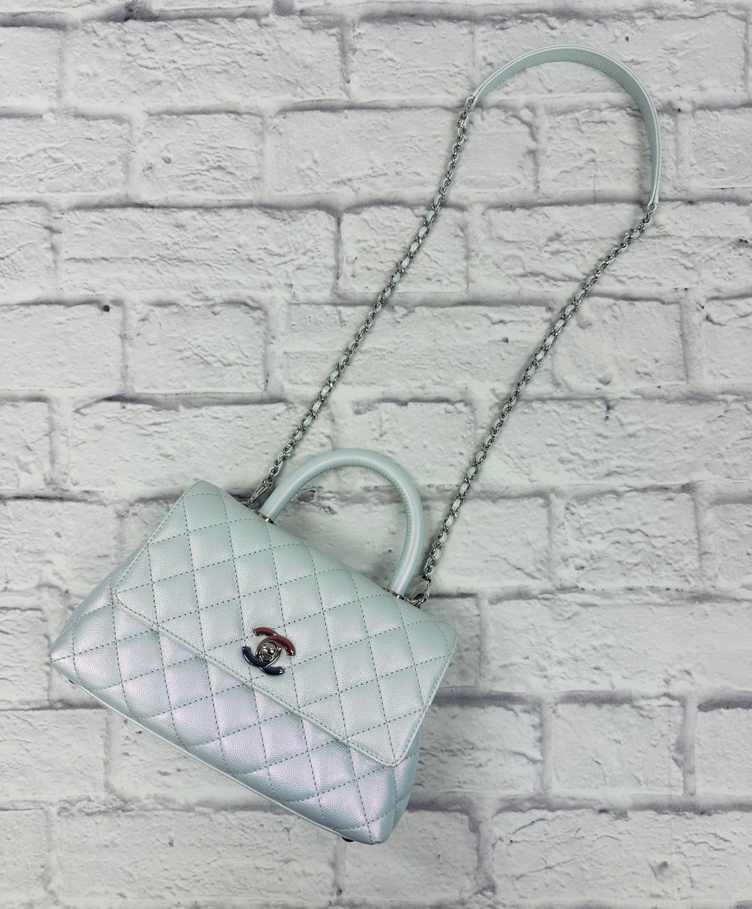 Chanel Iridescent Light Blue Quilted Caviar Mini Coco Top Handle