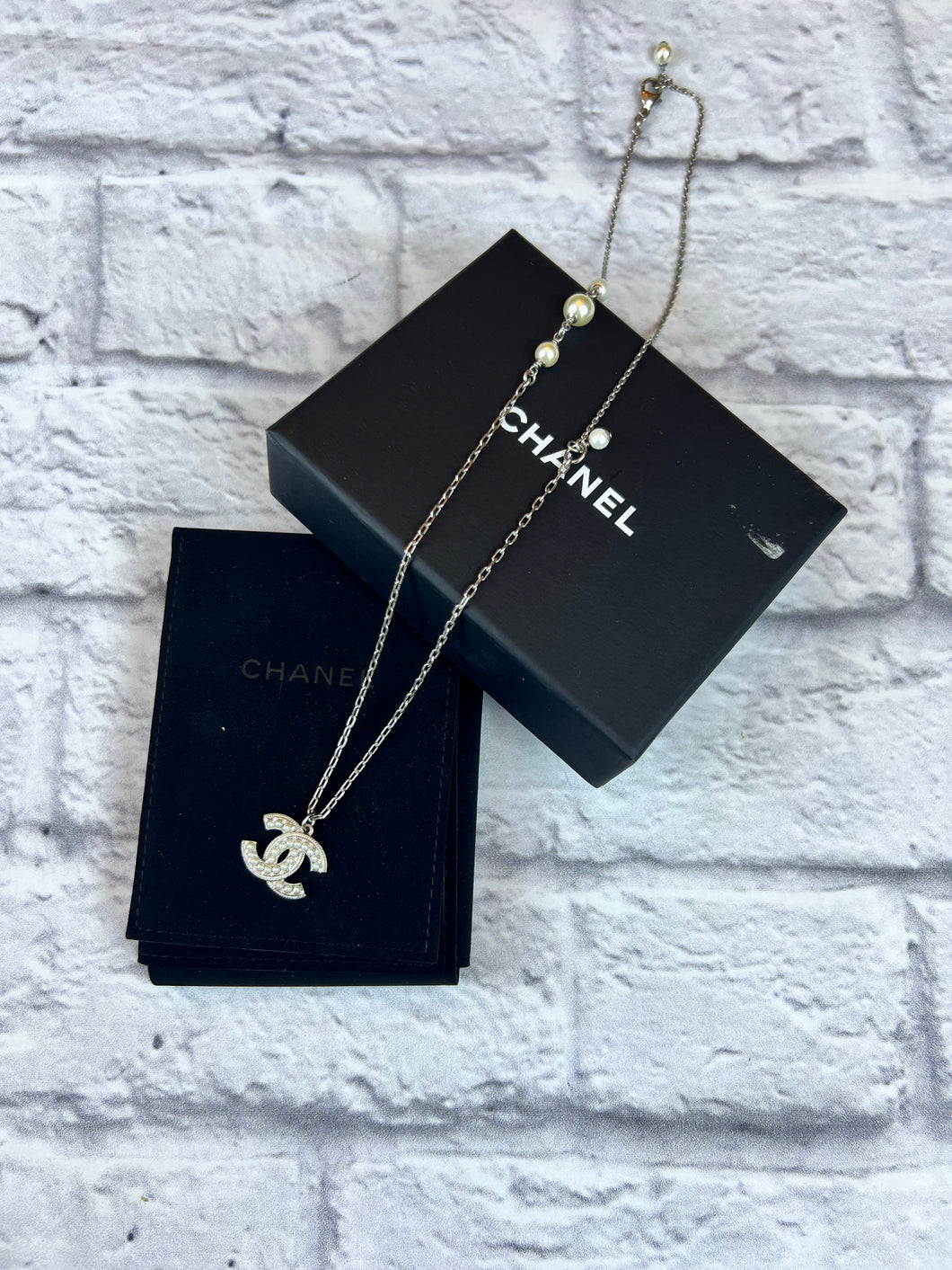 Chanel Crystal and Pearl Logo Silver Necklace