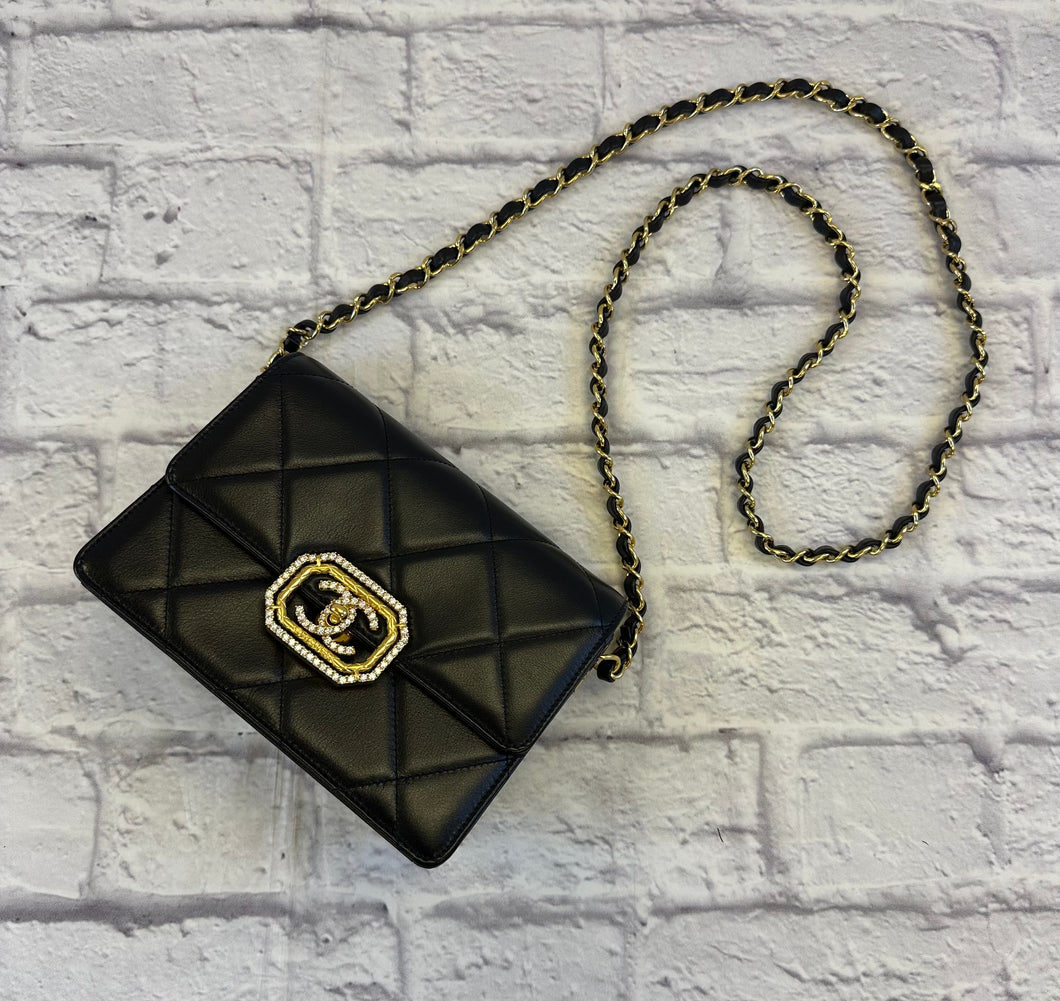 Chanel 2023 Strass Gold Mini Black Flap Bag