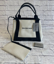 Load image into Gallery viewer, Balenciaga Navy Small Cabas Off-White Cotton Canvas &amp; Black Calfskin
