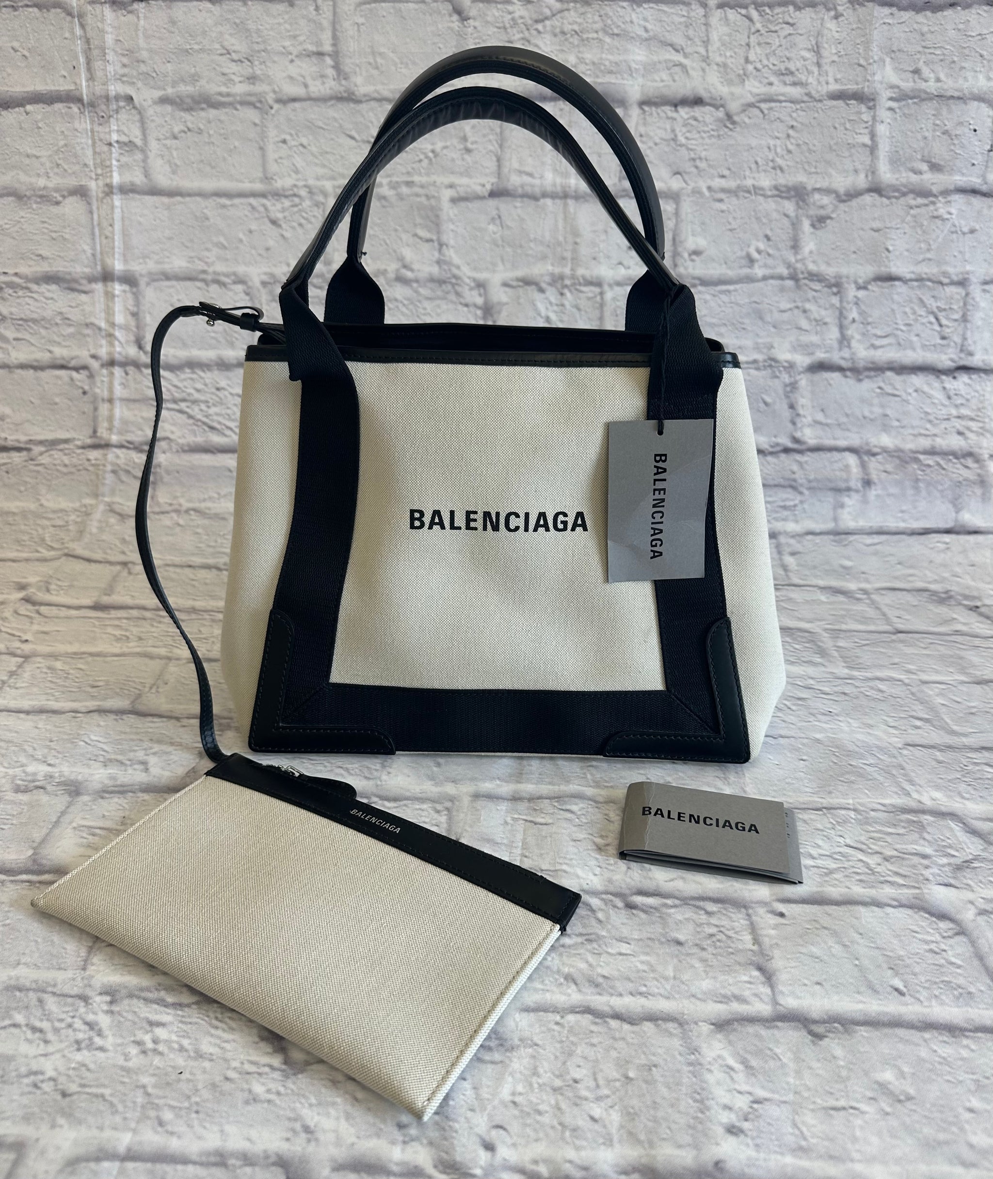 Balenciaga Navy Small Cabas Off-White Cotton Canvas & Black