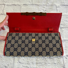 Load image into Gallery viewer, Gucci Navy &amp; Red GG Canvas Bamboo Bar Clutch/Crossbody
