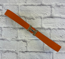 Load image into Gallery viewer, Hermes H Silver Belt Buckle with Reversible Orange and White Leather Belt Size 85
