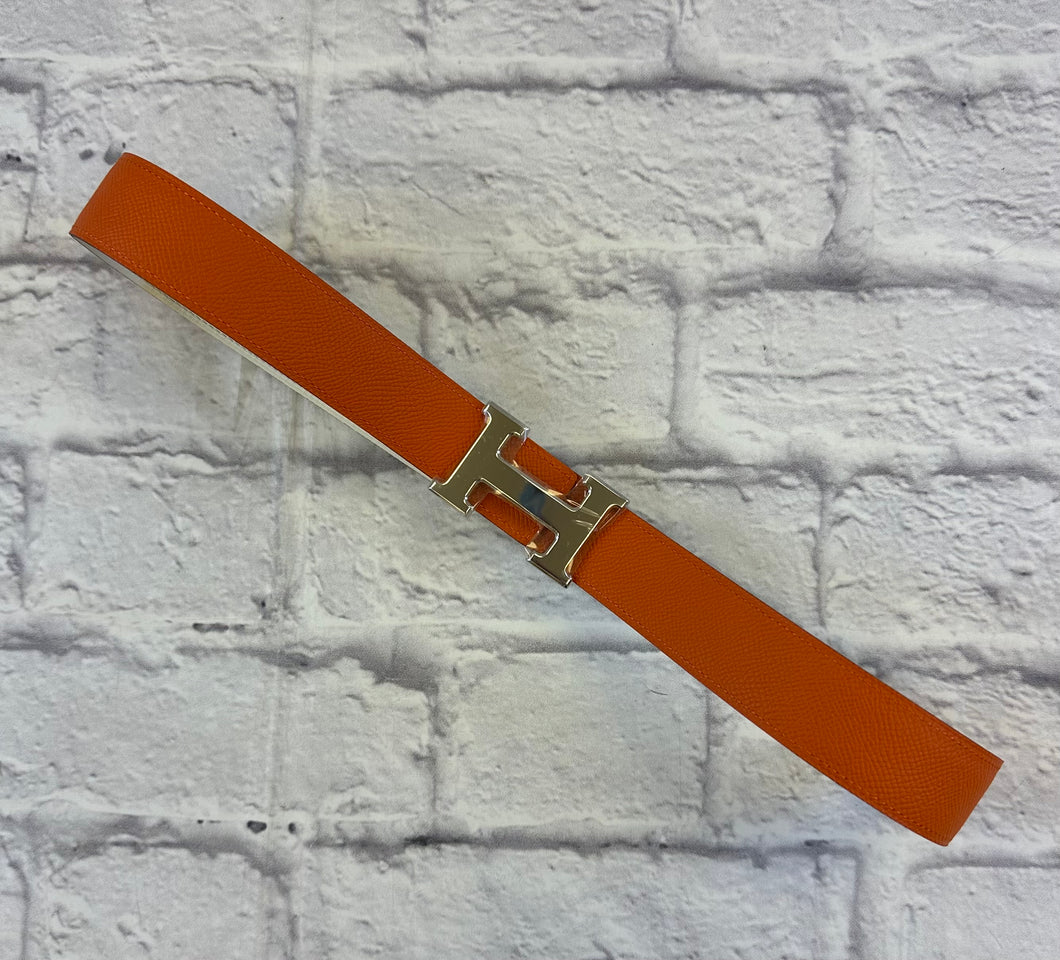 Hermes H Silver Belt Buckle with Reversible Orange and White Leather Belt Size 85