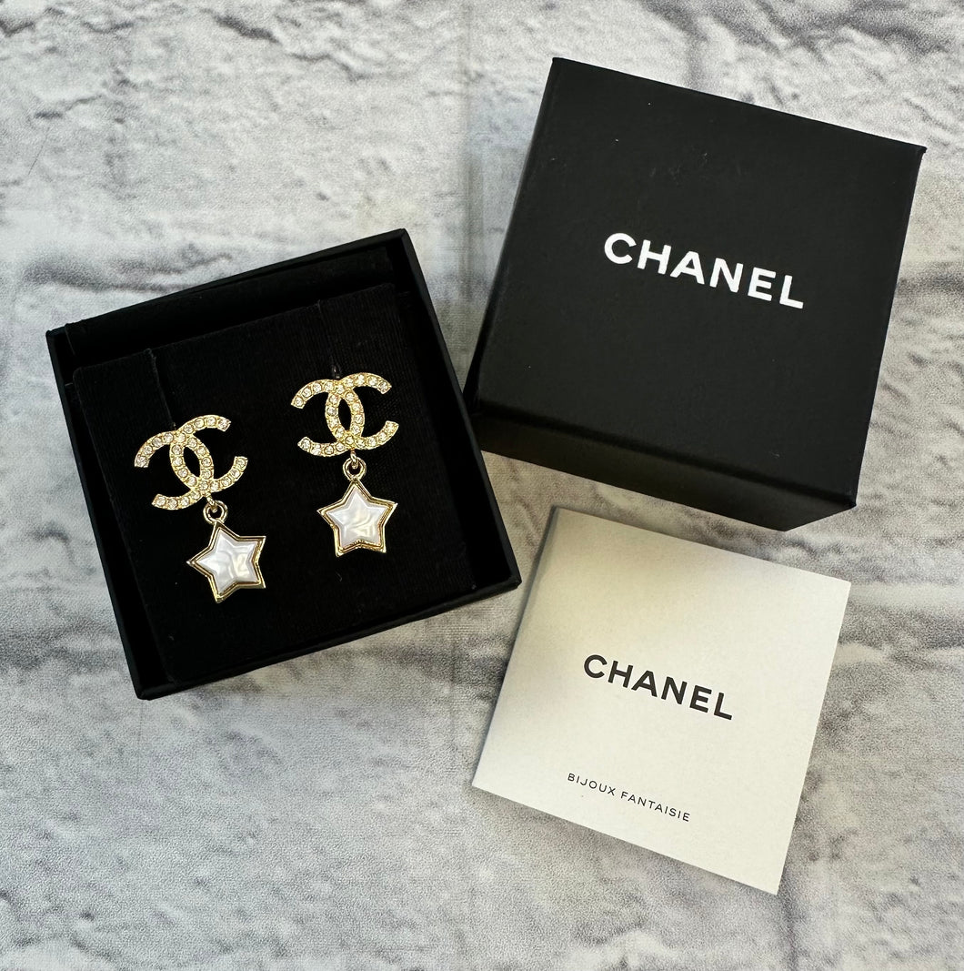 Chanel CC Gold and Pearlized/Crystal Star Drop Earrings