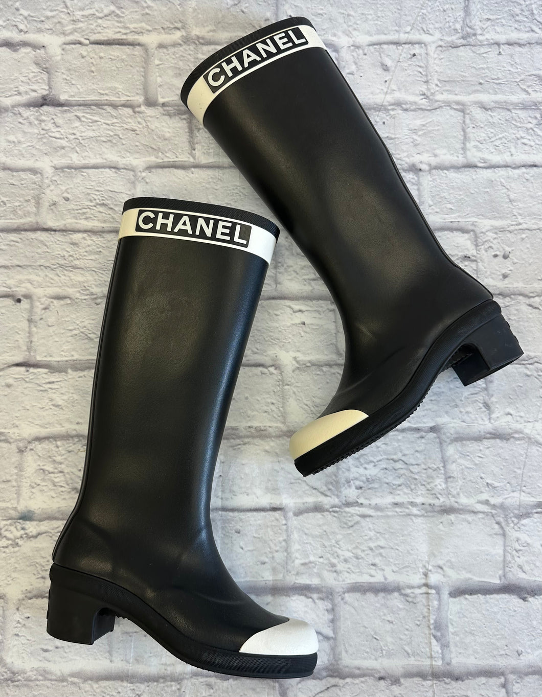 Chanel Black & White Rain Boots Size 37