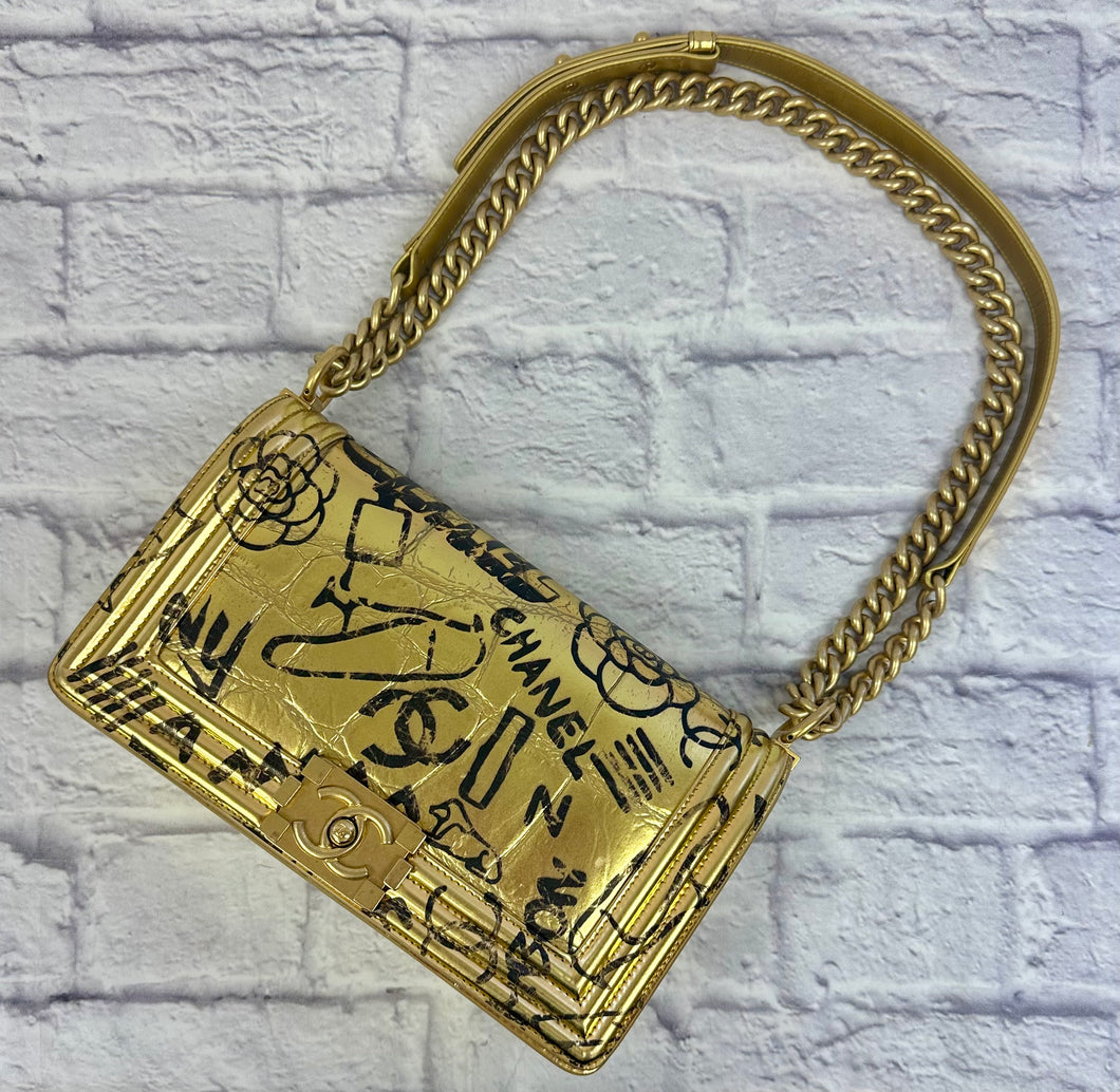 Chanel Egyptian Gold Croc Embossed Leather Graffiti Medium Boy Flap Bag