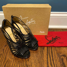 Load image into Gallery viewer, Christian Louboutin Black Patent Strappy Wedges Size 37.5
