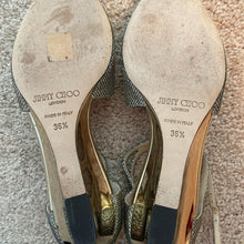 Load image into Gallery viewer, Jimmy Choo Gold Wedge Sandals Size 36.5

